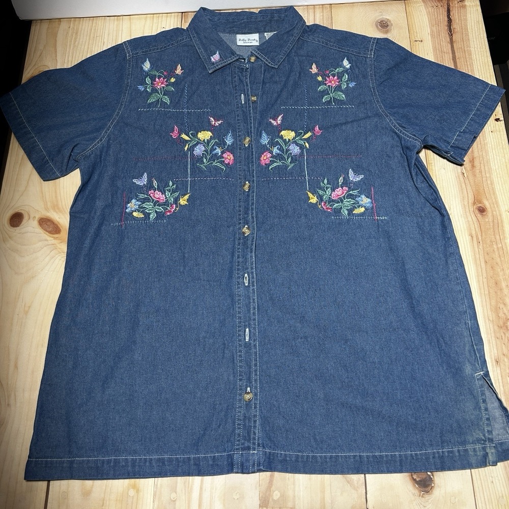 VNTG Bobbie Brooks Denim Shirt Women's 14/16 W Floral & Butterflies Embroidered